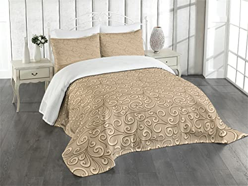 ABAKUHAUS Beige Tagesdecke Set, Damast-Blumen Victorian, Set mit Kissenbezügen Feste Farben, für Doppelbetten 220 x 220 cm, Beige