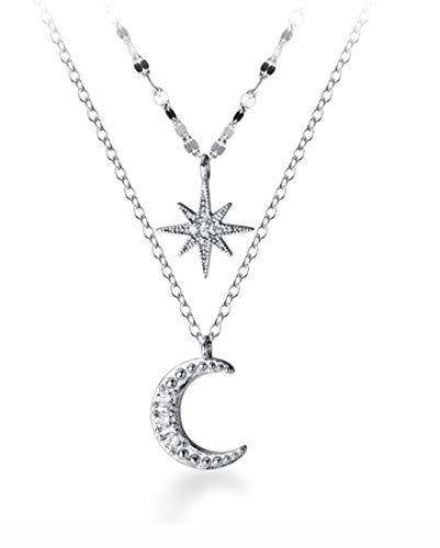 SLUYNZ 925 Sterling Silber Stern Mond Halskette Kette für Damen Mädchen Doppelte Halskette Kette Anhänger Halskette