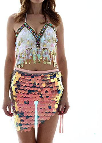 Sttiafay Damen Dreieckiger Bauchtanz-Hüftschal, mehrfarbige Pailletten, Wickelrock, Mini-Meerjungfrauenkostüm für Karneval, Party