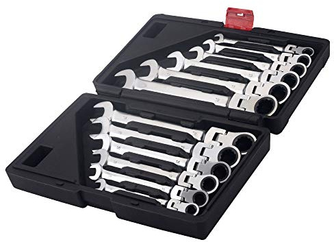 Juego de llaves de trinquete de cabeza flexible Tightspot de 8 a 19 mm, llave métrica CR-V de acceso rápido con caja de herramientas portátil (12 unidades, llave de cabeza flexible mate)