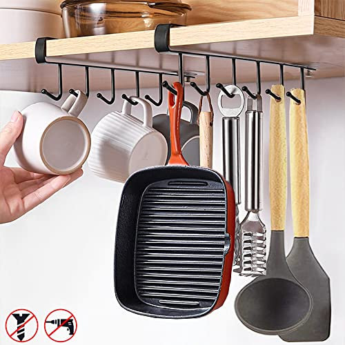 BAIEUEJO 2St Tassenhalter,Becher Haken unter dem Schrank, Kaffee Halte Becher rack ohne Bohren,Aufbewahrungshaken für Tassen/Küchenutensilien/Krawatten Gürtel/Schal/Schlüssel Aufbewahrung (Schwarz)