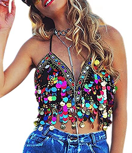 Pailletten-Top mit Neckholder, für Salsa, Bauchtanz, Boho, Festival, Club, Tribal-Top, Kostüm, mit Fransen, Quaste, Schwarz , 30