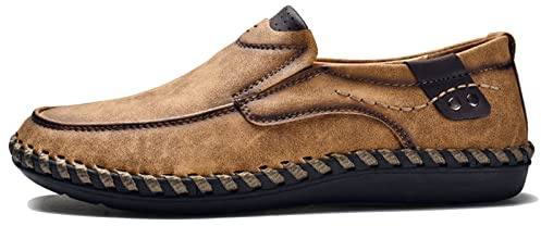 Hoefirm Men's Loafers Flat Leather Slippers Casual Slip on Shoes Breathable Moccasin Hand Stitched Shoes Brown 9uk
