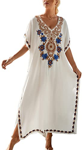 L-Peach Loungewear Ricamo Caftano Donna Kimono Oversize per Casa Maxi Abito da Spiaggia Copricostume