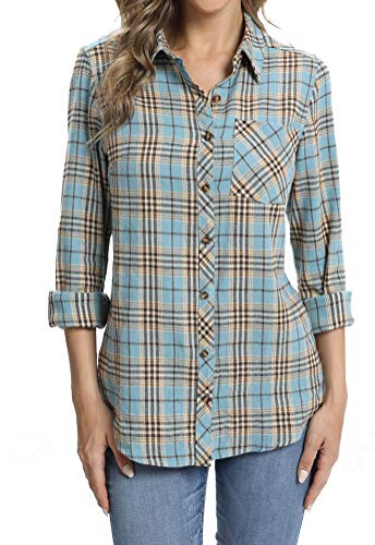 fuinloth Camicetta da Donna Camicia in Flanella a Quadri Leggera a Maniche Lunghe Elegante Classica Shirt con Bottoni Blu L 44-46