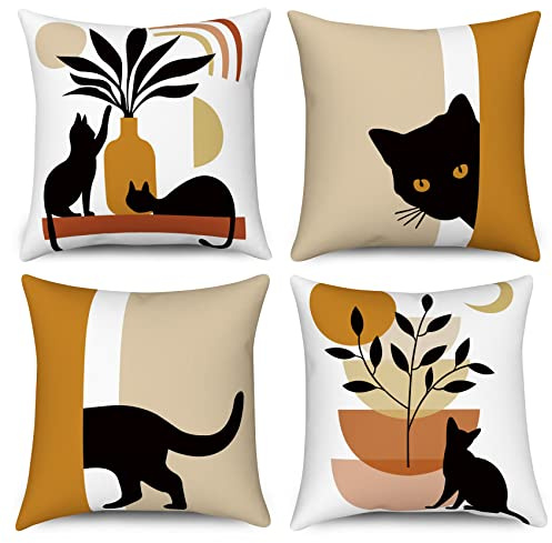 Hnmdmyi Funda de Cojín Boho 40x40 Juego de 4, Abstracto Gato Negro Planta Sol Luna Fundas de Cojín Decorativas Arte Moderno Minimalista Estética Funda de Cojín de Lino para Sofá Decoración del Hogar