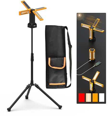 Faretto da Cantiere LED Ricaricabile Solare con Treppiede, Batteria da 13200 mAh, Faretti da Cantiere con Luminosità da 8000 Lumen, Adatto a Cantieri, Campeggio All'aperto, Garage e Studio