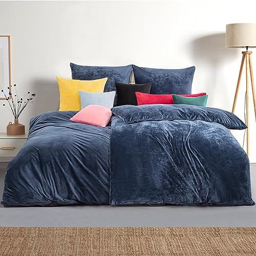 Soifox Juego de ropa de cama de franela de invierno de 135 x 200 cm, 4 piezas, color azul marino, mullida y cálida, tacto de cachemira, juego de 2 fundas de almohada de 80 x 80 cm con cremallera