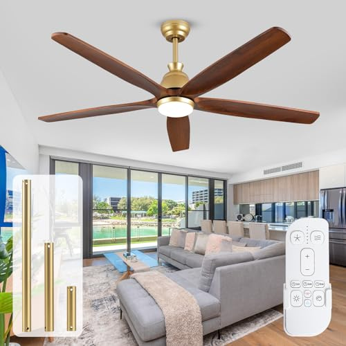 OUENGK 132cm Outdoor Bauernhaus Deckenventilatoren mit Lichtern, 5 Klingen Holz Gold Deckenventilatoren mit Fernbedienung, großer Luftstrom umkehrbar leiser DC Motor Deckenventilator