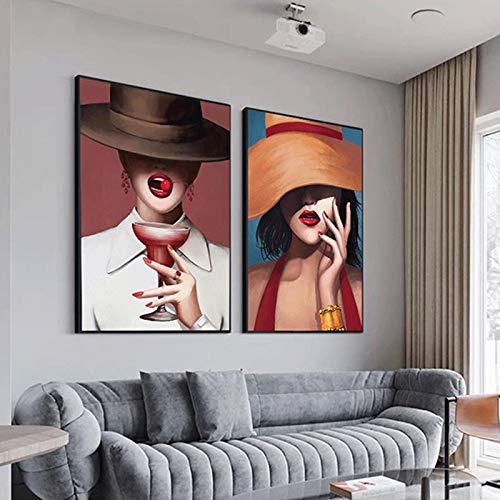 dsdsgog Leinwandkunst, Gemälde, abstraktes Porträt, Poster und Drucke, sexy Frauen mit Hut, Wandbilder für Wohnzimmer, Heimdekoration, Leinwand-Kunstdrucke, 60 x 80 cm x 2, rahmenlos