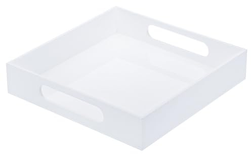 PATIKIL Plateau Acrylique Blanc Moderne et Élégant 10 x 10 pour Service | Plateau Acrylique Carré Brillant, et Décoration, 2/5Cm de Hauteur, Avec Poignée, pour Café Parfumé