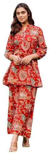 Leriya Fashion Conjunto de Kurta étnica para mujer, conjunto de rayón Co-Ord | Conjunto de pijama elegante | Paquete de 2 | Conjunto de camiseta y pantalón con estampado floral | Conjunto de par