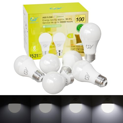 GY E27 LED Kaltweiss Dimmbar Glühbirne, 9,5W 6500K 1521 Lumen Kaltweiß Lampe, 100W Leuchtmittel ersetzt, Dimmbare Energiesparlampen, 6 stück