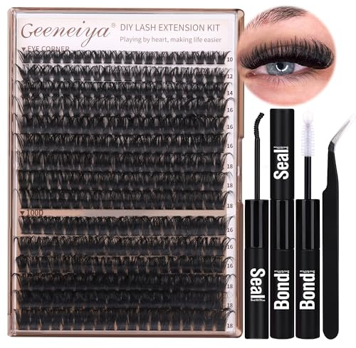 Geeneiya - Kit de extensiones de pestañas de volumen, extensiones de pestañas rizadas en D con unión de pestañas y sellado, pinzas impermeables, 10-18 mm (80D+100D, 10-18mm)