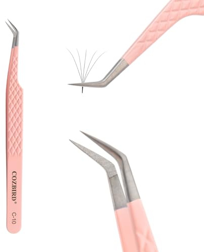 COZBIRD Fiberspetsar 45 graders mångsidig pincett för ögonfransförlängningar volymfransar eller isolering diamantgrepp hög precision rostfritt stål rosa (C-10)