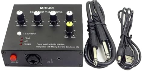 Lckiioy MIC-60 3-Band Equalizer Balanced Mic Preamp Mikrofon Vorverstärker mit DC-Kabel und 6,5 mm Kabel, einfache Installation, einfach zu bedienen