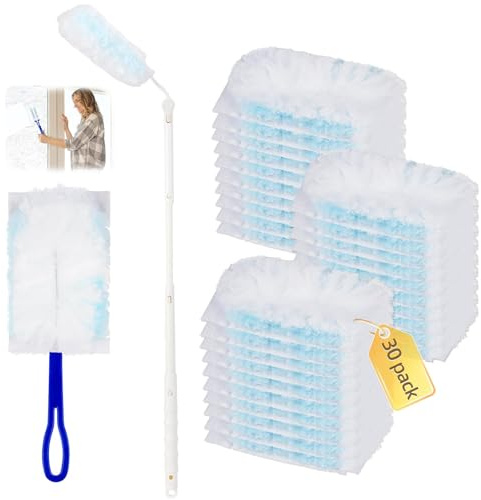 Plumeau Attrape Retient, 2 Manche et 30 Recharges, Plumeau électrostatique avec Poignée Télescopique, Plumeau Poussière, Attrape-Poussière pour Nettoyer Poussière, Voiture, Poils d'animaux