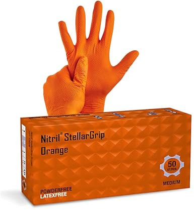 SUPERGUARD GB Orange Disposable Nitrile Gloves 8.5g Thick, Heavy Duty, Industrial Mechanic Use, Diamond Textured, Latex & Powder Free, Food Handling, Puncture & Chemical Resistant (Pack of 50)