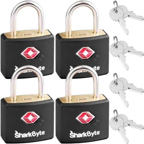 SharkByte Pequeños candados aprobados por la TSA con llaves [4 piezas, 8 llaves] - Cerraduras para maletas y equipaje para viajes, gimnasio, mochilas, bolsas para portátil y cremalleras