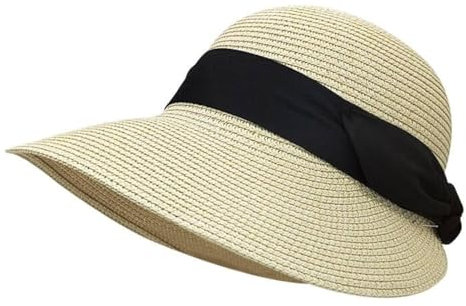Feelorna Damen Strohhut, UV-Schutz Strohhut mit Breite Krempe Atmungsaktiv Strandhut Faltbarer Sommerhut für Reise Urlaub (DE/NL/SE/PL, Alphanumerisch, Einheitsgröße, Beige)