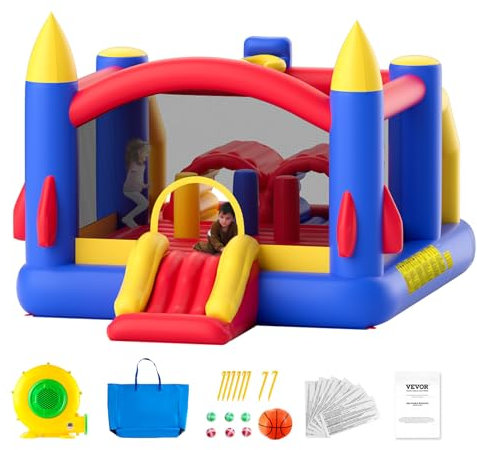 VEVOR Aufblasbares Hüpfburg, Hochwertiges Spielhaus-Trampolin für den Außenbereich, Hüpfburg mit Gebläse, Rutsche und Aufbewahrungstasche, Hüpfburg für den Garten der Familie 408 x 240 x 245 cm