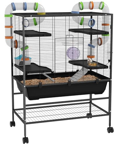 PawHut Hamsterkäfig Nagerkäfig mit Rädern, Röhren, Ablagefläche, Rampen, Laufrad, Futternapf, Wasserflasche, Kleintierkäfig Meerschweinchen Käfig Mäusekäfig für Rennmäuse, syrische Hamster, Schwarz