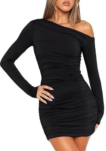 Risipu Women Sexy Mini Off Shoulder Dress Long Sleeve Bodycon Elegant Pleated Dress (UK, Alpha, L, Regular, Regular, Black)