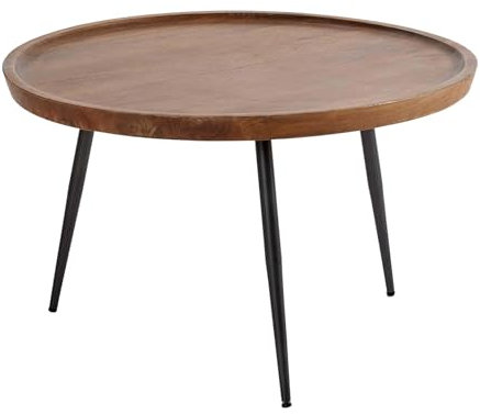 Table basse ronde en bois de manguier avec pieds en fer gris et finition noyer, 75 cm de diamètre, meuble de salon élégant et moderne