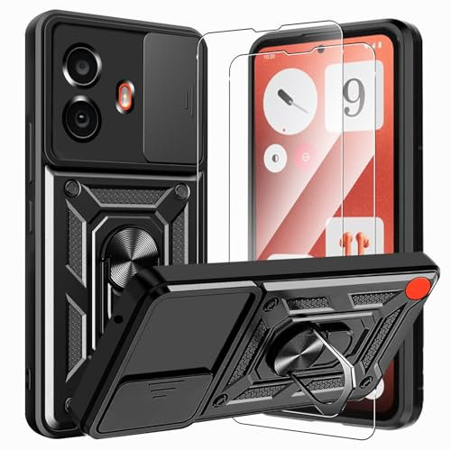KZIOACSH Case for Nothing CMF Phone 1, 360 Rotaring Kickstand Slide Camera Cover Shockproof Hybrid Soft TPU+Hard PC Case Military Grade Anti-Scratch Bumper Cover with 2 Tempered Glass,Black