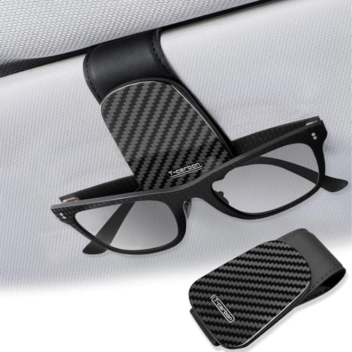 T-carbon Brillenhalter für Auto Sonnenblende, kohlefaser Leder Sonnenbrillen Halterung für Auto Visier Ticket-Kartenclip Magnetische Sonnenbrillenhalter Glossy Glassfaser Rot