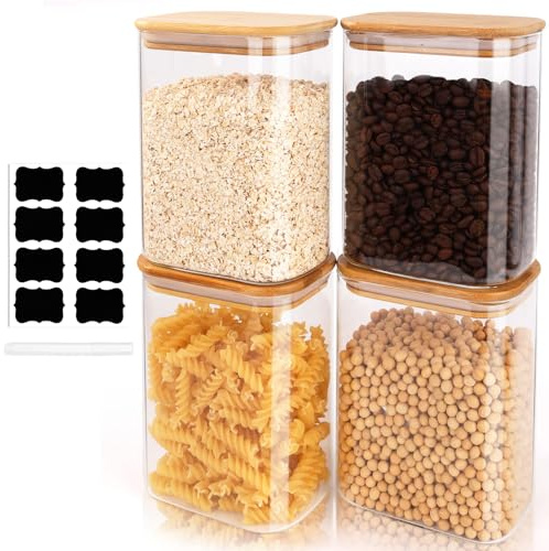 FoiiLiio 1,25 L Rectangle Conteneurs en Verre Lot de 4 Bocaux en Verre Avec Couvercles en Bambou Φ12x8x15cm Bocaux Rangement Cuisine en Verre pour Céréales, Cornflakes, Haricots