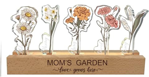 Lampada da giardino della nonna personalizzata luce notturna del fiore di nascita personalizzata, Festa della Mamma Lampada Fiore 3D Cristallo Acrilico Luce LED Regali di compleanno per la nonna Nana