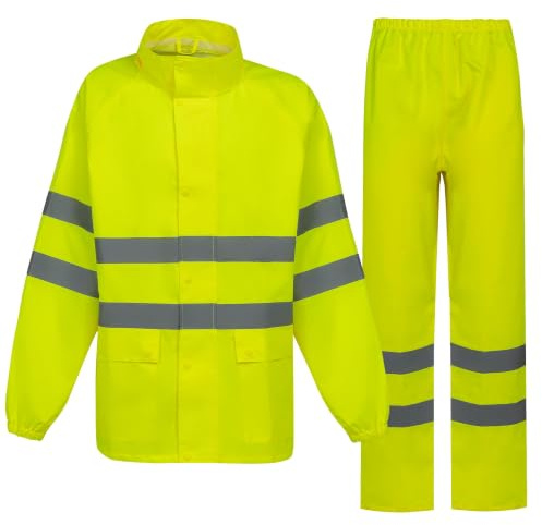 BWOLF Himalaya - Tuta antipioggia da uomo, a maniche lunghe, impermeabile, con elastico in vita, giacca con cappuccio, giacca antipioggia + pantaloni da pioggia, 2 tasche, Giallo Hv, XXL