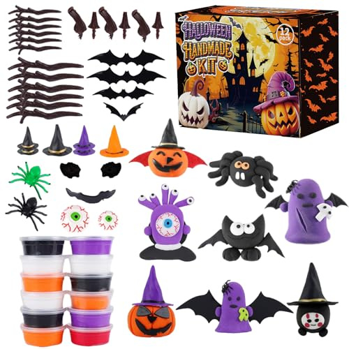 12 Stück Halloween Bastelset Kinder,Bastelset Modelliermasse Lufttrocknend,Kürbisse Modelliermasse,Basteln Kreative Set,Knete Magic Dough Air Dry Clay,Halloween Geschenk für Jungen und Mädchen