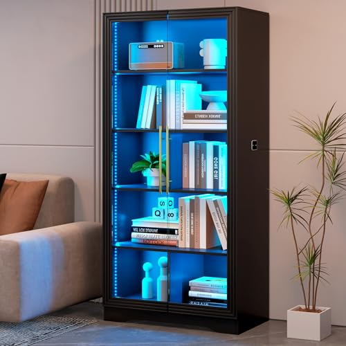 LVSOMT Glasvitrin med LED-belysning, 165 cm vitrinskåp med glasdörrar, vitrin med 4 displayhyllor, ljus i 3 färger, vitrin i glas och trä, vardagsrum/hall, svart
