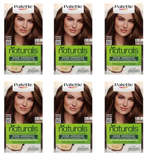 6x Palette Naturals Permanente Haarfarbe 6-0 Dunkelblond pflegende Haarfarbe ohne Ammoniak, Coloration für bis zu 100% Grauabdeckung veganer Formel, 0% Silikonen 115 ml (6er Pack)