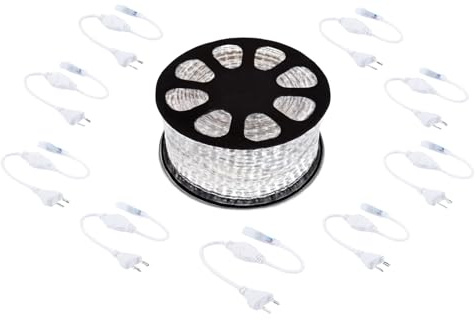 Generico Striscia LED 220V 100 Metri – LED Strip 6500K Bianco Freddo SMD 5050 – Flessibile Interno Esterno IP65 – Bobina con 10 Spine Incluse – Illuminazione Decorativa a Basso Consumo