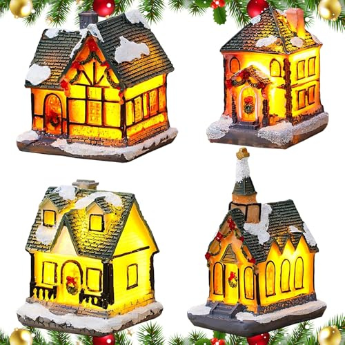 Daity Weihnachtsdorf,4 Stück beleuchtete Weihnachtshäuser mit LED-Lichtern und Schnee,Resin Deko-Häuschen mit warmem Licht für Winterlandschaft,Geschenk
