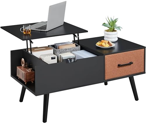 Yaheetech Couchtisch Höhenverstellbar, Beistelltisch mit Stauraum & offene Fächer, Wohnzimmertisch mit Geteilter Tischplatte, Lift-Top Kaffeetisch fürs Wohnzimmer/Esszimmer Schwarz