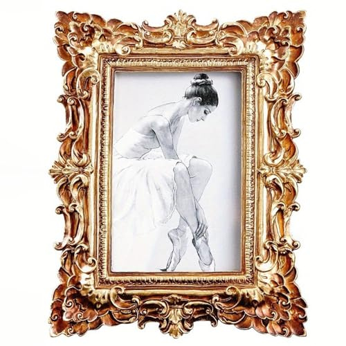 Marco de fotos barroco ornamentado, marco de fotos vintage dorado, 4 x 6 pulgadas, estilo victoriano decorativo con intrincado diseño floral para decoración del hogar, escritorio, fotos familiares y