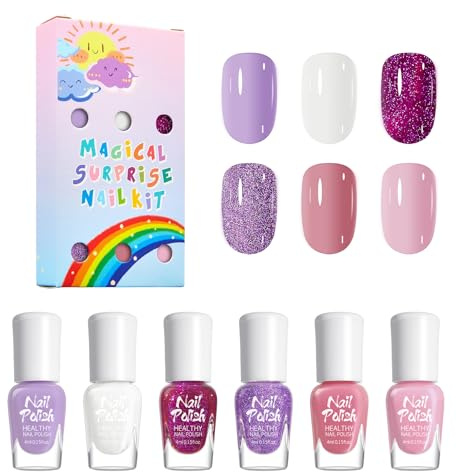 6PCS Nail Polish Set, Nail Varnish Quick Dry - Purple Nail Polish With White & Pink Glitter Sparkle, High Gloss Shimmer Finish, Water-Based Peelable No UV Lamp Needed, Kid-Friendly Manicure Gift Set