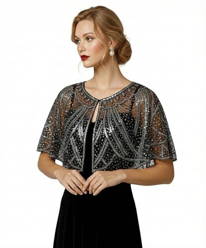 Sunnyshopday 1920s Gatsby Vintage Sequin Beaded Mesh Shawl for Women, Elegant Bolero Cape Wrap, Beaded Evening Jacket, Wedding & Cocktail Dress Cover Up (BlackSilver002)