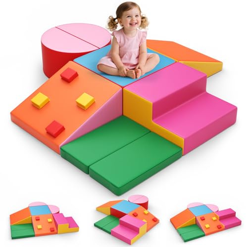 Helangel Blocchi di costruzione in schiuma XXL per bambini, blocchi di schiuma per arrampicata con custodia in pelle, set morbido per arrampicata per bambini da 1 a 3 anni (colori misti-7)
