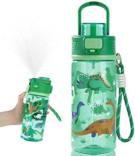 omedecal Gourde Spary pour Enfants 600ml Anti Fuite Portable Bouteille D'eau pour Filles Garçon Sans pour Filles BPA & Verrouillage Sécurisé pour l'école Sport - Dinosaure Vert