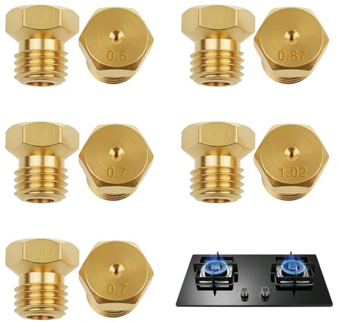 Lot de 10 Gicleurs en Laiton M6 pour Brûleur, Bouteille Gicleur Brûleur 0,5/0,7/0,87/1,02, Injecteur Gaz Butane pour Réglage et Remplacement, Kit pour Entretien de Cuisson
