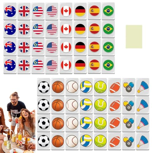 Aetherize Mini Mahjong set 64 delar flagga och bollmönster Mahjong kakel flykt spel 24 mm reseset återanvändbart block spel för vårpicknick fest