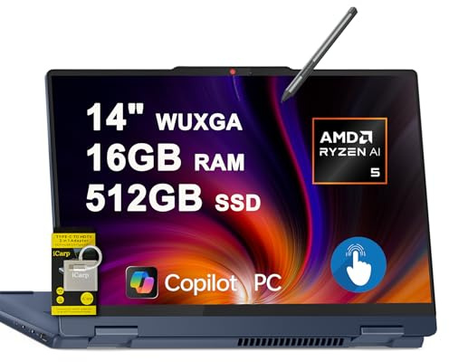 Lenovo IdeaPad Flex 5 2-in-1 Laptop 14 WUXGA Touch AMD 6-core Ryzen AI 5 340 (Up to 50 Tops) 16GB RAM 512GB SSD Backlit for Creator Designer Business Professional Win11 ICP Hub