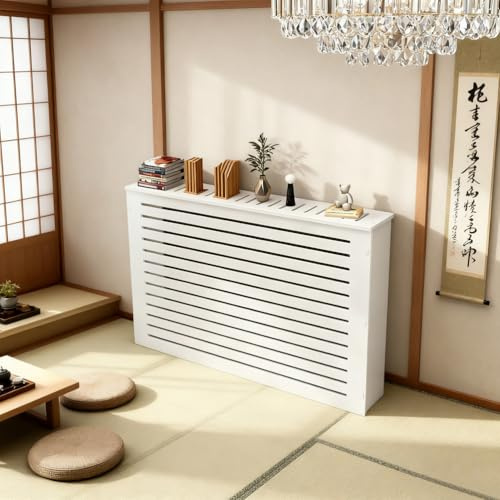 Radiator Cover with Shelf - Louvered Grill Storage Top, Slatted Design for Living Room and Bedroom Furniture