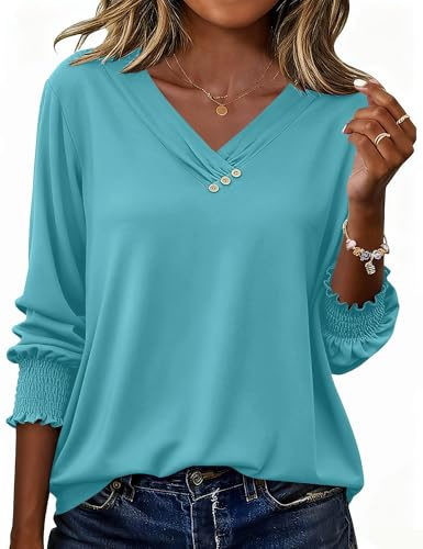 Rapbin Blusa Mujer Manga 3/4 Camisa Elegante Cuello de Pico Túnica Verano Tops Casual Top con Botones 2026