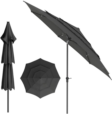 WoRaum Sonnenschirm Ø 300cm,3-stöckiger Sonnenschirm,Gartenschirm,Terrassenschirm mit Kurbel,LED Beleuchtung Solar,Windfest,Stabil,Balkonschirm,Marktschirm für Balkon Strand,Terrasse,Grau